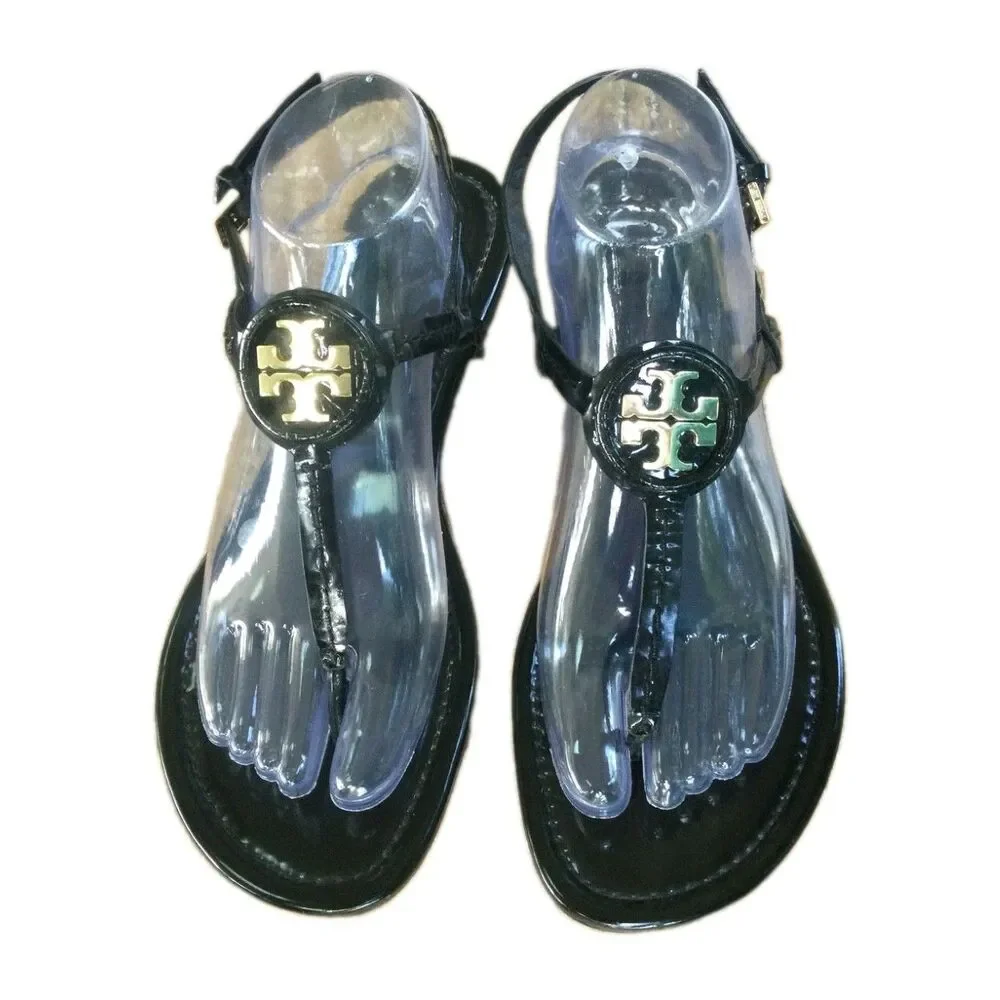 Tory Burch Dillan Black Patent Leather Flat Sandal Womens Size 10.5